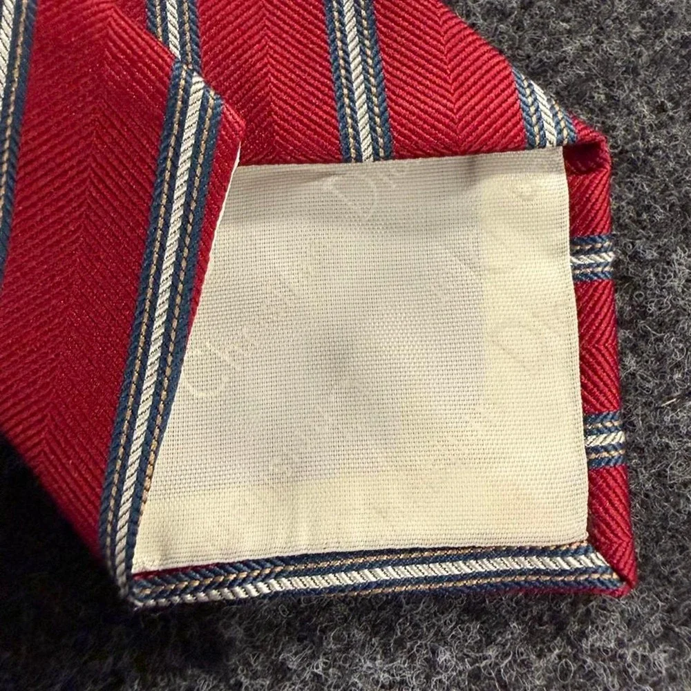 Christian Dior Mens Red Silk Blend Diagonal Striped Necktie Blue White Vintage